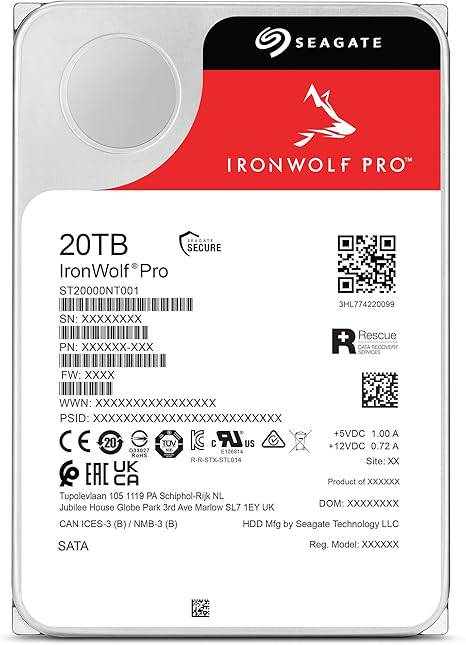 Seagate IronWolf Pro, 20 TB, Enterprise NAS Internal HDD –CMR 3.5 Inch, SATA 6 Gb/s, 7,200 RPM, 256 MB Cache for RAID Network Attached Storage (ST20000NT001)