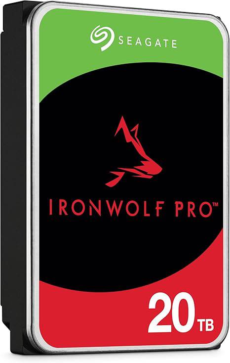 Seagate IronWolf Pro 20TB enterprise NAS internal HDD with CMR, 3.5-inch SATA drive, 7,200 RPM, 256MB cache for RAID storage.