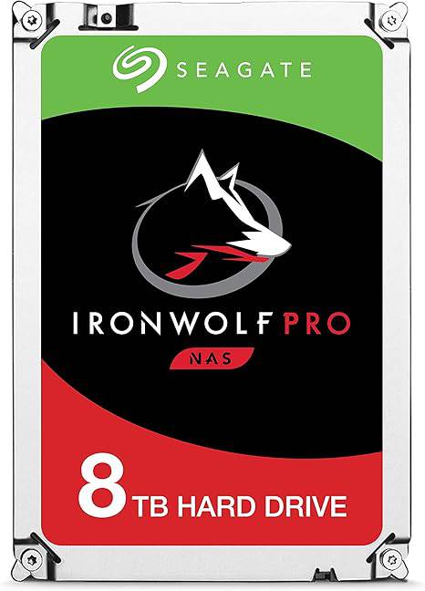 Seagate IronWolf Pro 8TB NAS internal hard drive, 3.5-inch SATA, 7200 RPM, 256MB cache, for RAID and network storage.