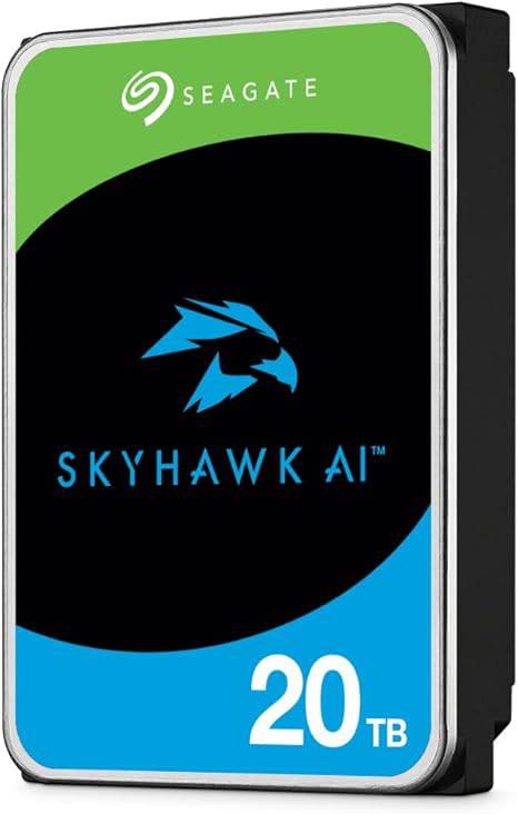 Seagate Skyhawk AI 20TB SATA 6Gb/s hard drive with rugged design and high storage capacity, ideal for surveillance and data storage.