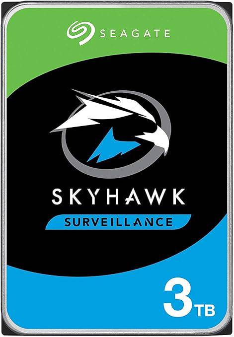 Seagate Skyhawk Surveillance 3TB SATA hard drive with 256MB cache, designed for security and surveillance systems.