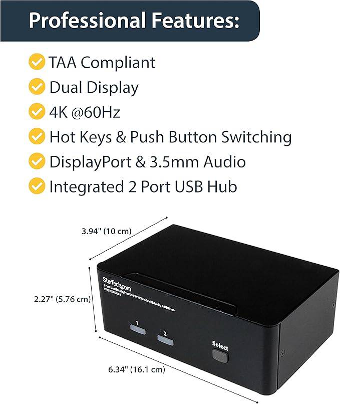 StarTech.com 2-Port DisplayPort KVM Switch - Dual-Monitor - 4K 60 - with Audio & USB Peripheral Support - DP 1.2 - USB Hub (SV231DPDDUA2)