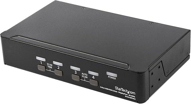 StarTech.com 4-port DisplayPort KVM switch with 4K 60Hz resolution, USB 2.0 hub, audio, for Dell, HP, Apple, Lenovo computers.