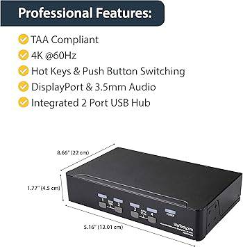 StarTech.com 4 Port DisplayPort KVM Switch - 4K 60Hz - Single Display - Dual Port UHD DP 1.2 USB KVM Switch with Integrated USB 2.0 Hub & Audio - Dell, HP, Apple, Lenovo - TAA Compliant (SV431DPUA2)