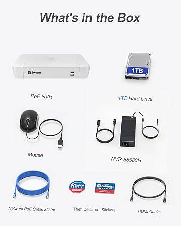 Swann 4K 8-channel security camera system NVR recorder with 1TB HDD, compatible with Swann 12MP/4K/5MP HD cameras.
