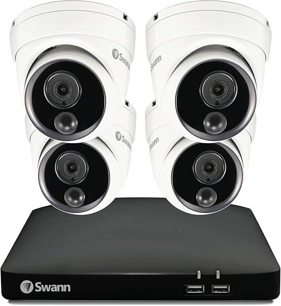 Swann Home DVR Security Camera System with 4 cameras, 1080p HD video, 64GB HDD, indoor/outdoor wired surveillance, heat motion detection.