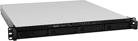 Synology 4-Bay RackStation RS822+ diskless NAS server in a data center rack with cables and ventilation.