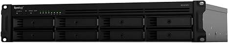 Synology 8-bay RackStation RS1221RP+ diskless NAS server with multiple drive bays, rack-mount design, and network ports.