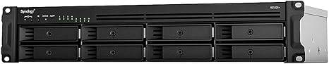 Synology 8-bay RackStation RS1221RP+ diskless NAS server with multiple drive bays, rack-mount design, and network ports.