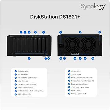 Synology Disk Station DS1821+ - NAS Server - 8 Bays - SATA 6Gb/s - RAID RAID 0, 1, 5, 6, 10, JBOD - RAM 4 GB - Gigabit E - DS1821+