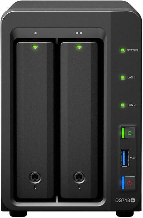 Synology DiskStation DS718+ NAS server for business with Intel Celeron CPU, 6GB RAM, 2TB SSD storage, DSM OS, shown with front view.