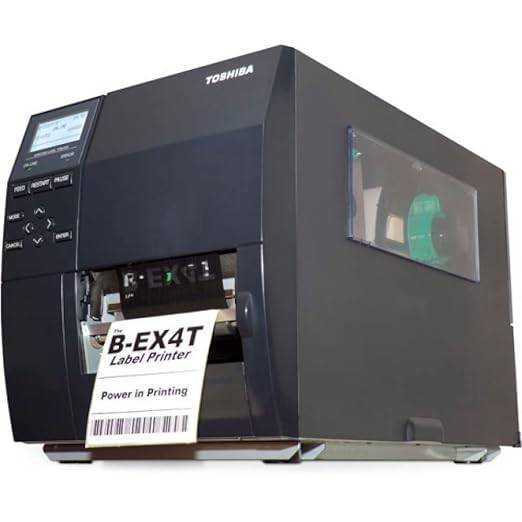 Toshiba BEX4T1GS12DM01 barcode printer with thermal transfer, 203 dpi, 14 IPS, LAN and USB ports, 4-inch wide print area.