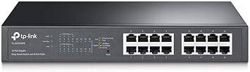 TP-Link 16-port Gigabit rackmount smart PoE switch with 8 ports, black, includes 802.11at support and 150W power.