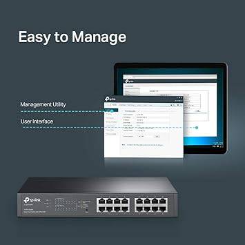 TP-Link 16-Port Gigabit Rackmount Easy Smart Web-Managed PoE Plus Switch, 8-Port, 802.11at, 150W, PoE Auto Recovery, black - TL-SG1016PE