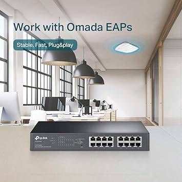 TP-Link 16-Port Gigabit Rackmount Easy Smart Web-Managed PoE Plus Switch, 8-Port, 802.11at, 150W, PoE Auto Recovery, black - TL-SG1016PE
