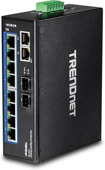 TRENDnet 10-port industrial Gigabit DIN-rail switch with dual redundancy, wall mounts, RJ-45/SFP ports, lifetime protection