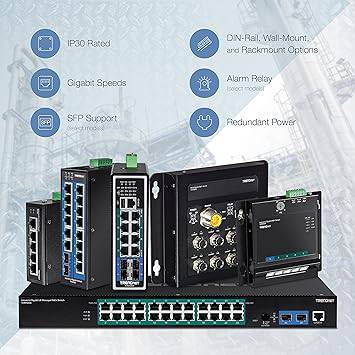 TRENDnet 10-port industrial Gigabit DIN-rail switch with dual redundancy, wall mounts, RJ-45/SFP ports, lifetime protection