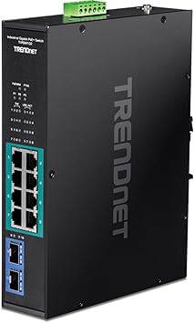 Black TRENDnet 10-port industrial Gigabit PoE+ switch with DIN rail mount, temperature range -20°C to 65°C, 8 PoE+ ports, 2 SFP slots.