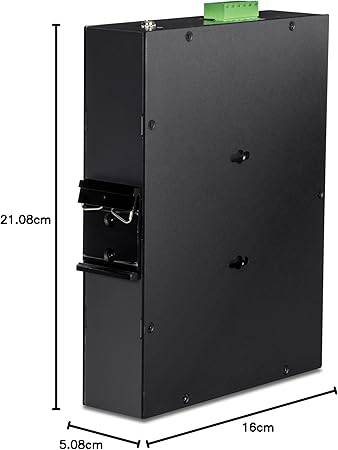 Black TRENDnet 10-port industrial Gigabit PoE+ switch with DIN rail mount, temperature range -20°C to 65°C, 8 PoE+ ports, 2 SFP slots.