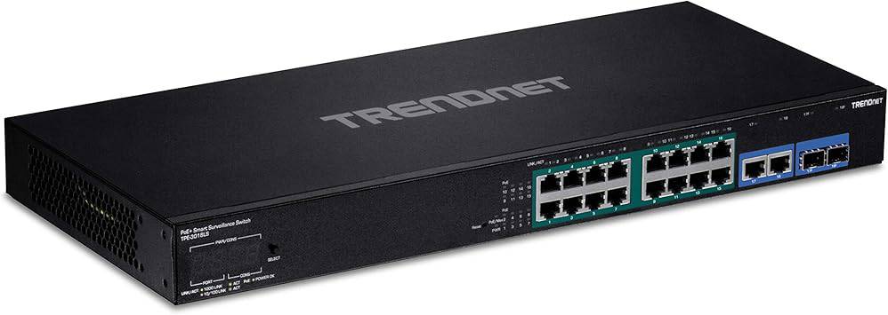 TRENDnet 18-Port Gigabit PoE+ Smart Surveillance Switch with 16 x Gigabit PoE+ Ports, TPE-3018LS, 2 x Shared Gigabit Ports (RJ-45 or SFP), 220W PoE Budget, Long Range PoE+, VLAN, QoS, LACP, ONVIF- TPE-3018LS