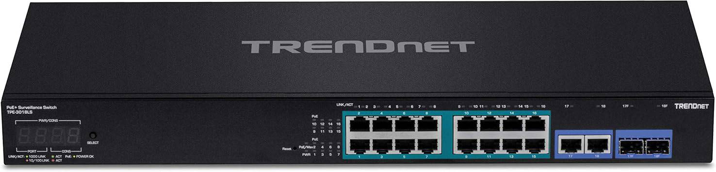 TRENDnet 18-Port Gigabit PoE+ Smart Surveillance Switch with 16 x Gigabit PoE+ Ports, TPE-3018LS, 2 x Shared Gigabit Ports (RJ-45 or SFP), 220W PoE Budget, Long Range PoE+, VLAN, QoS, LACP, ONVIF- TPE-3018LS