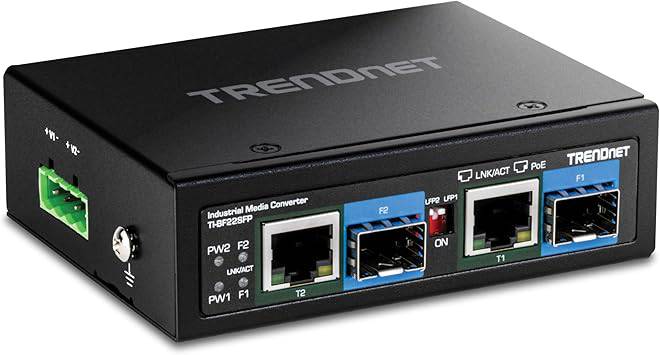 Beaver Computer TRENDnet 2-Port Industrial SFP to Gigabit PoE++ Media Converter in black with metal IP30 housing and power supply.