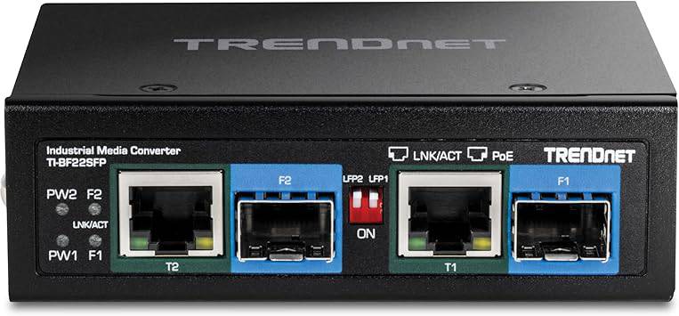 TRENDnet 2-Port Industrial SFP to Gigabit PoE++ Media Converter, TI-BF22SFP, IP30 Metal Housing, Power Supply (Model TI-S15052) Sold Separately, Black - TI-BF22SFP