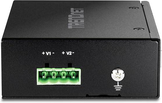 Beaver Computer TRENDnet 2-Port Industrial SFP to Gigabit PoE++ Media Converter in black with metal IP30 housing and power supply.