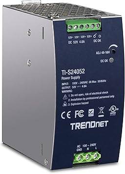 TRENDnet 240W 52V DC industrial power supply by Beaver Computer, silver DIN-rail power supply with built-in power factor controller