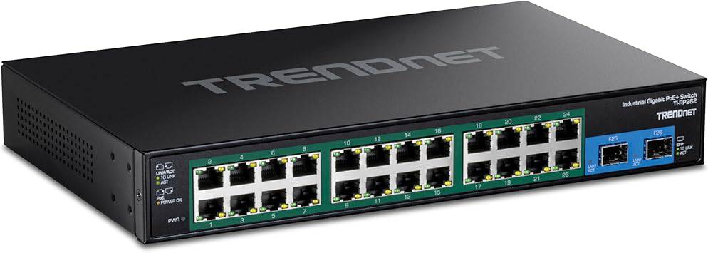 Beaver Computer TRENDnet 26-port industrial Gigabit PoE+ rackmount switch with 24 PoE+ ports, 2 SFP ports, black finish.