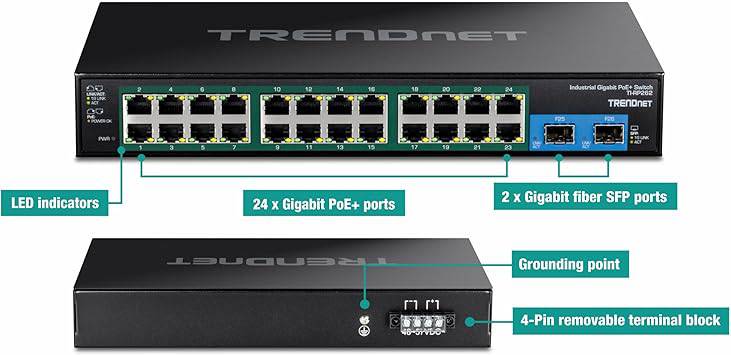 TRENDnet 26-Port Hardened Industrial Gigabit PoE+ Rackmount Switch, TI-RP262, 24 x Gigabit PoE+ Ports, 2 x Gigabit SFP Ports, Lifetime Protection, Black - TI-RP262