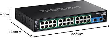 Beaver Computer TRENDnet 26-port industrial Gigabit PoE+ rackmount switch with 24 PoE+ ports, 2 SFP ports, black finish.