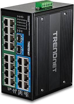 Beaver Computer TRENDnet 26-port industrial unmanaged Gigabit DIN-Rail switch with PoE+, RJ-45, SFP ports, black IP30 enclosure