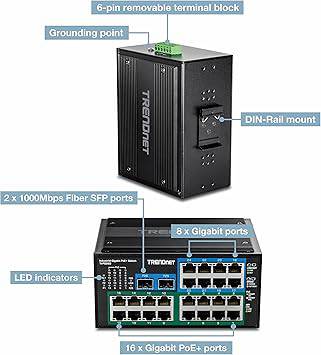 TRENDnet 26-Port Hardened Industrial Unmanaged Gigabit DIN-Rail Switch, TI-PG262, 16 x Gigabit PoE+ Ports, 8 x Gigabit RJ-45 Ports, 2 x SFP Ports, IP30, Lifetime Protection, Black - TI-PG262