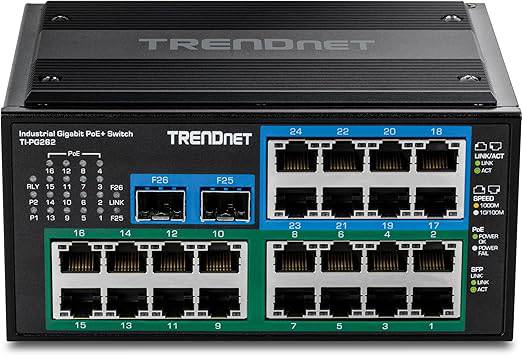 TRENDnet 26-Port Hardened Industrial Unmanaged Gigabit DIN-Rail Switch, TI-PG262, 16 x Gigabit PoE+ Ports, 8 x Gigabit RJ-45 Ports, 2 x SFP Ports, IP30, Lifetime Protection, Black - TI-PG262