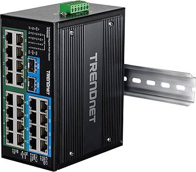 Beaver Computer TRENDnet 26-port industrial unmanaged Gigabit DIN-Rail switch with PoE+, RJ-45, SFP ports, black IP30 enclosure