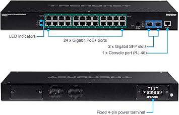 TRENDnet 26-Port Industrial Gigabit L2 Managed PoE+ Switch, TI-RP262i, 1U 19” Rackmount, 24 x Gigabit PoE+ Ports, 2 x SFP Slots (100/1000Base-FX), IP30, VLAN, QoS, 685W PoE Power Budget, Fanless - TI-RP262i