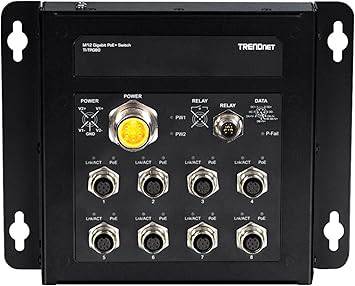 TRENDnet 8-port industrial EN50155 M12 Gigabit PoE+ railway switch with 200W power budget, M23 interface, lifetime protection.