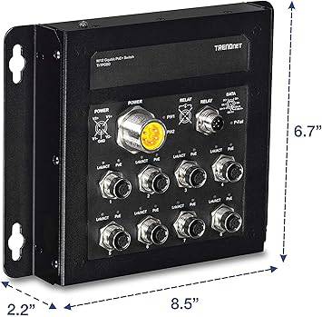 TRENDnet 8-port industrial EN50155 M12 Gigabit PoE+ railway switch with 200W power budget, M23 interface, lifetime protection.