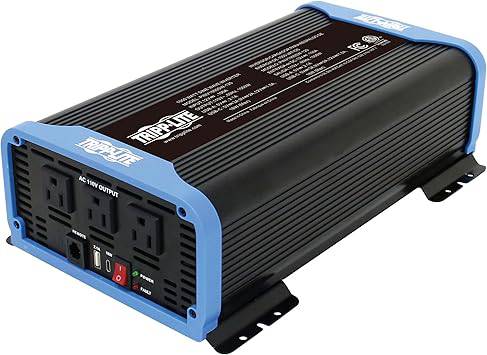 Beaver Computer Tripp Lite 1500W compact pure sine wave power inverter with 3 outlets, USB, USB-C ports, remote control, and mounting brackets.
