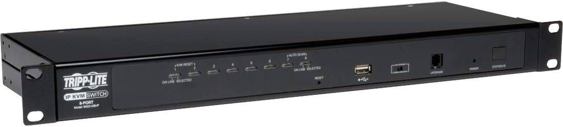 Beaver Computer TRIPP LITE 8-port steel rackmount IP KVM switch with on-screen display in black, showing front panel and ports.