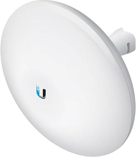 Ubiquiti NanoBeam ac Gen2 high-performance airMAX ac Bridge for wireless networking, mounted outdoors with a clear sky background.