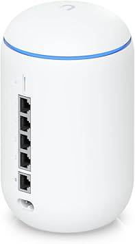 Ubiquiti Networks UniFi UDR-US Dream Router showing front view with dual-band WiFi antennas, Ethernet ports, and white exterior.