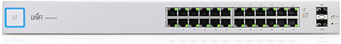 Ubiquiti Networks UniFi USW-24 24-port Gigabit Ethernet switch with SFP ports, shown with ports and LED indicators.