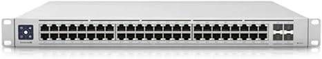 Ubiquiti Switch Enterprise 48 PoE network switch with 48 ports, black metal casing, and status LEDs for enterprise networking.