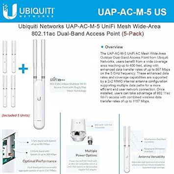 Set of five Ubiquiti UAP-AC-M-5 UniFi Mesh dual-band Wi-Fi access points for wide-area coverage.