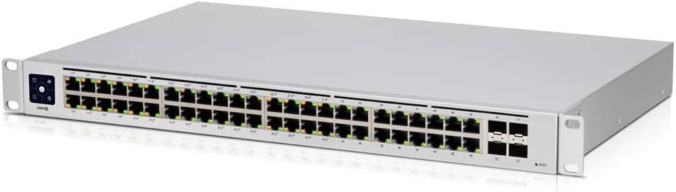 Ubiquiti UniFi 48-Port PoE Switch with multiple Ethernet ports and power over Ethernet capability.