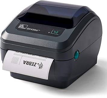 Zebra GK420D thermal desktop barcode label printer in grey with USB and Ethernet ports, 203 dpi resolution and 4.09-inch max print width.