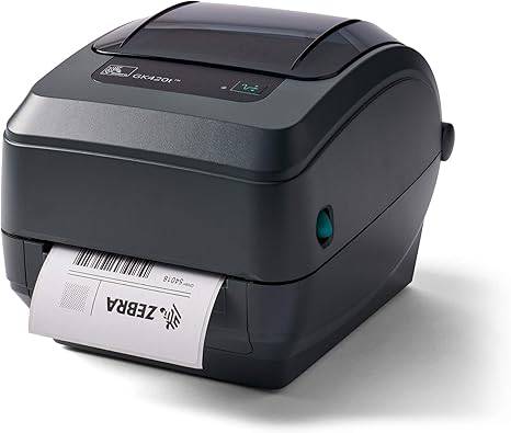 Zebra GK420t thermal transfer desktop monochrome printer with 4-inch print width, USB, serial, and parallel connections.