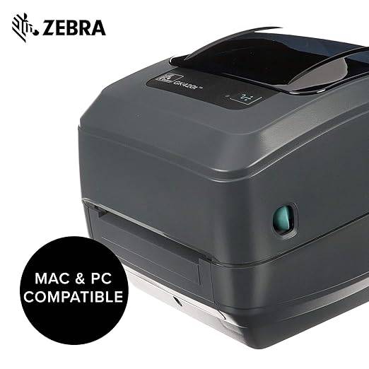 Zebra GK420t thermal transfer desktop printer with 4-inch print width, USB and Ethernet ports, black design, and control panel.
